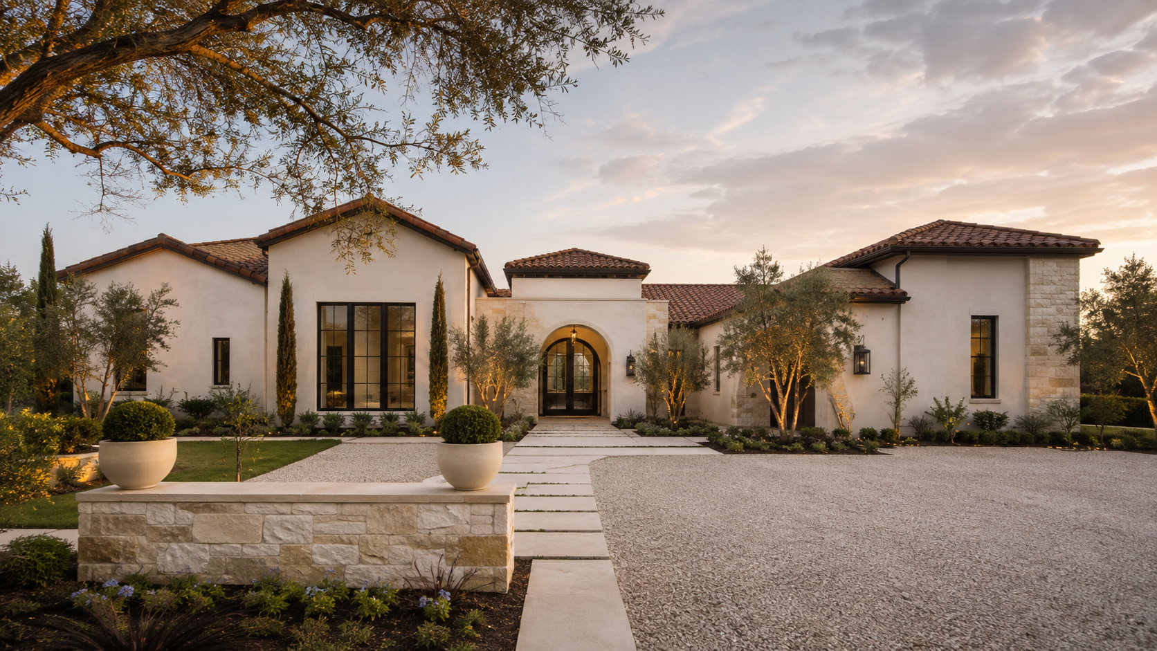 Modern Mediterranean custom home concept with cream stucco and bronze windows