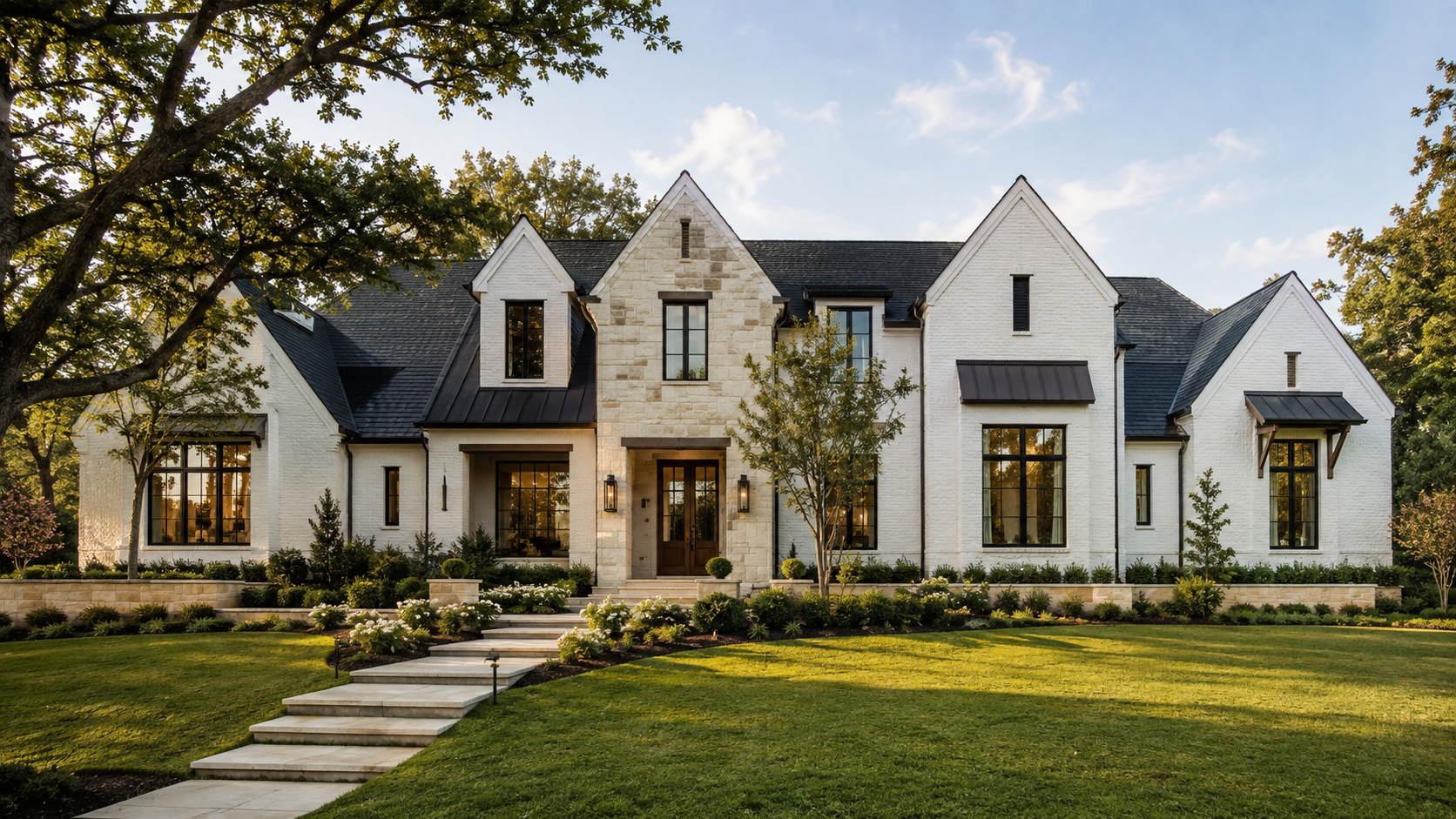 Modern Transitional custom home concept with traditional gables, warm white brick, pale limestone and black-framed windows